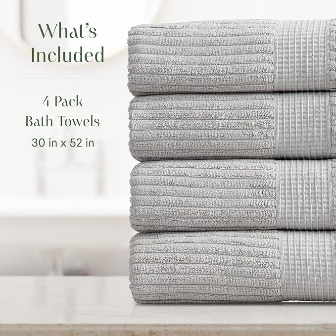 Springtree Home 100% Cotton Bath Towel Set of 4 | Super Soft & Absorbent with Quick-Dry Fibers | 4 Bath Towels | Textured and Durable Cotton | Krista Collection - High Rise Grey