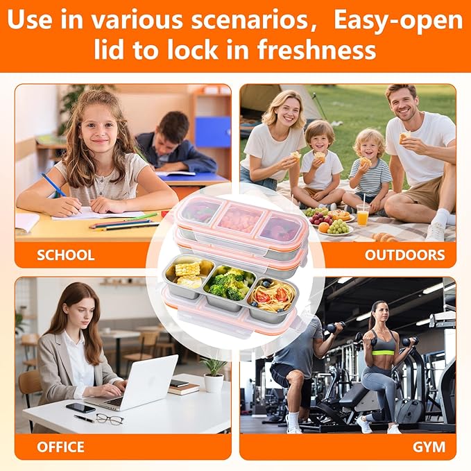 3 Pack Stainless Steel Snack Containers,3 Compartment Reusable stainless steel bento box, Leak Proof Metal Food Storage Containers,Stackable Bento Snack Box for School,Daycare,Work and Travel