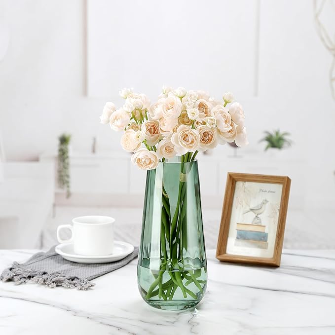 Modern Large Glass Vase H-9.8" Green Vases for Flowers, Centerpieces and Decorative Accents - Tall Plant Vase for Office Home Table Decor