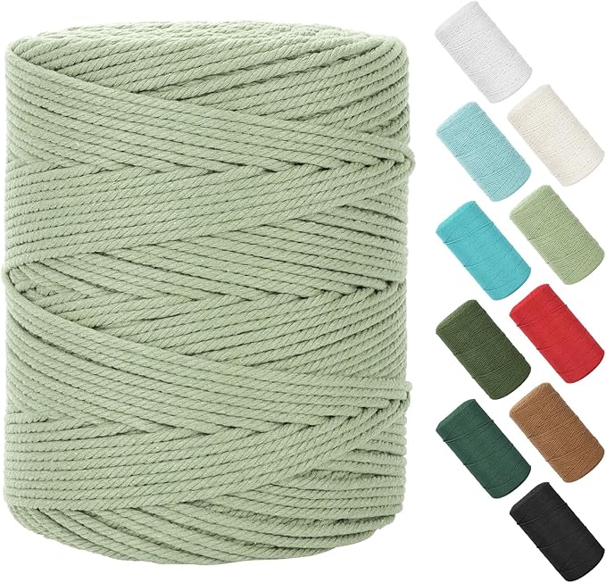 Macrame Cord 4mm x 380Yards (1140Feet), Natural Cotton Macrame Rope - 4 Strands Twisted Macrame Cotton Cord for Wall Hanging, Plant Hangers, Crafts, Gift Wrapping and Wedding Decorations, Bluish Green