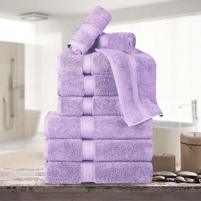 BNM Egyptian Cotton Heavyweight Towels, Ideal For Bathroom, Shower, Spa, Hotel, 800 GSM, Face/ Washcloths, Hand Towels, Bath Towels, Highly-Absorbent, Luxury Home Basics, 9 Piece Towel Set, Purple