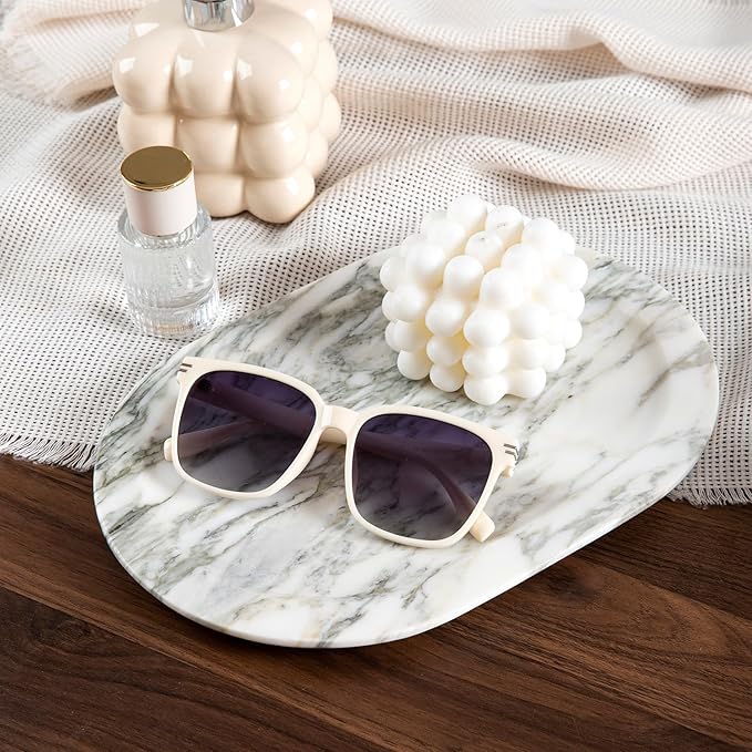 Natural Marble Decorative Tray Bathroom Counter Perfume Organizer Vanity Tray for Home Decor, Jewelry Candle, Coffee Table, Soap Holder Dresser Countertop Accessories 8"x11" Carrara