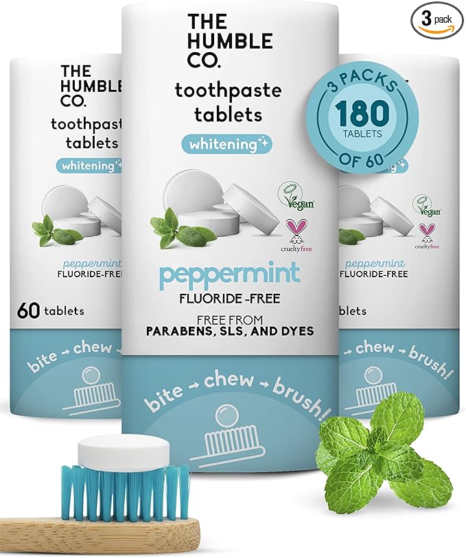 The Humble Co Teeth Whitening Chewable Toothpaste Tablets, Peppermint - Fluoride-Free Toothpaste Tabs - Bite, Chew, Brush - Travel-Friendly & Waste-Free Dental Oral Care & Hygiene - 180 Count