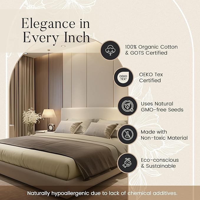 300TC 100% Organic Cotton Twin XL Size Sheets Set, XL Twin Bed Sheets Luxury Hotel Collection Fully Elasticated Sheet & Pillowcase Sets, Machine Washable No Pill Fade Resistant-Tan