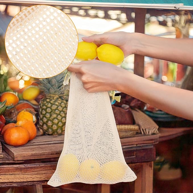 6 Packs Reusable Produce Bags, Cotton Mesh Produce Bags With Drawstring Mesh Storage Bag for Farmers Market Kitchen Vegetables Fruits Produces Storage Shopping