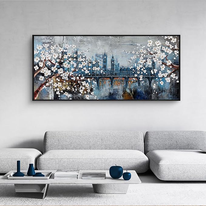 KLAKLA Extra Large Wall Art for Living Room City Scenes - Black Frame Large Abstract Wall Decor Bedroom Office Landscape Plum Blossom Picture Artwork for wall Modern Home Decoration
