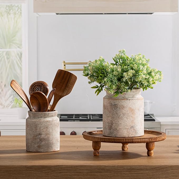 Ceramic Flower Vase 7.5 inch Farmhouse Rustic Vase for Home Decor Handcrafted Pottery Terracotta Vases for Dining Table Decor Fireplace Living Room Bathroom Wedding Centerpiece (L-Terracotta)