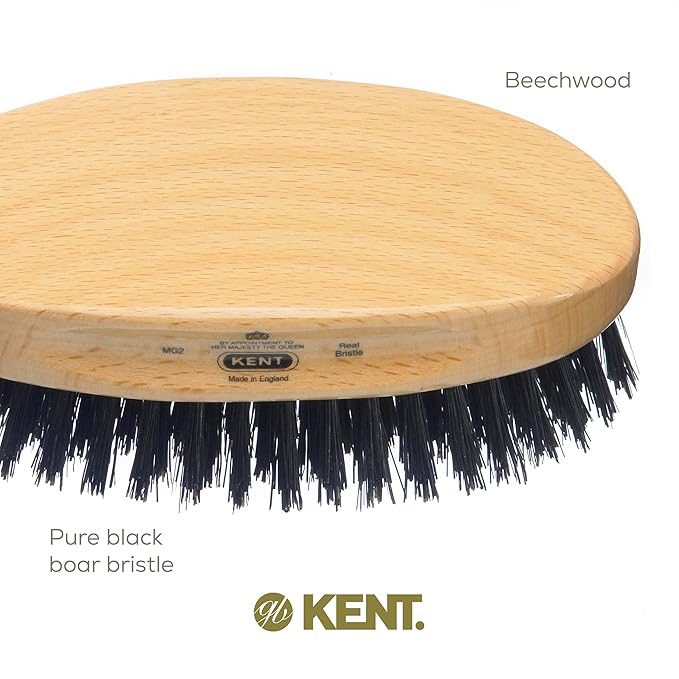 Kent MG2 Boar Bristle Hair Brush for Men, Military Brush with Natural Boar Bristles for Mens Grooming for All Hair Types, 360 Wave Brush Travel side for beard and mustache