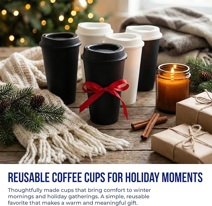 Rolling Sands USA Made 16 oz Reusable Coffee Cups with Lids 2 Pk, To Go Travel Cups, Hot or Cold Drinks, Dishwasher and Microwave Safe, White Cups, Black Lids