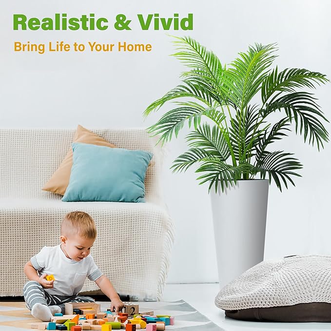 KOL 4ft Artificial Areca Palm Tree Plant, 47in Fake Cane Palm Silk Tree Indoor Outdoor, Dypsis Lutescens, Realistic Faux Silk Plants for Office Home Garden Decoration, Lifelike Modern Decor