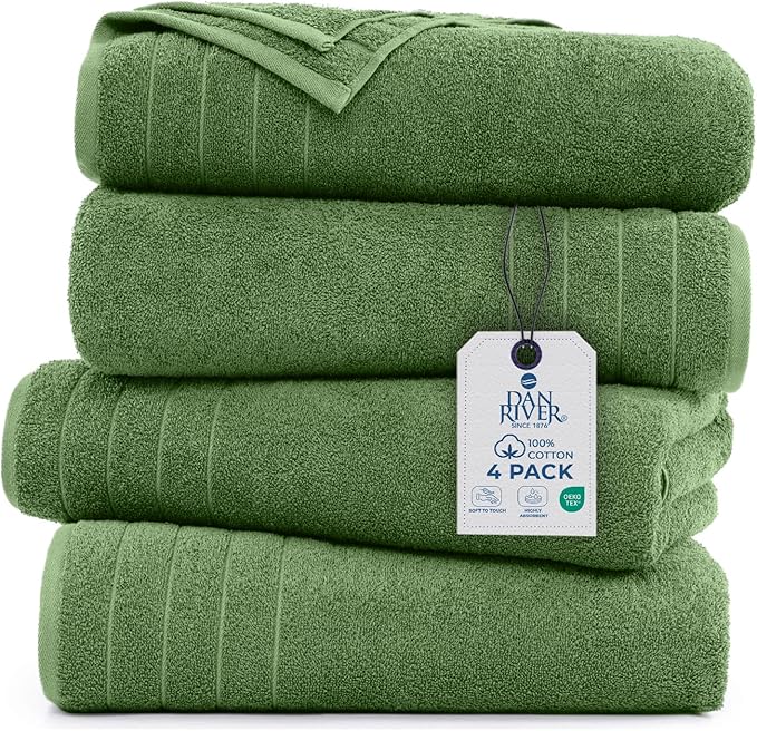 DAN RIVER Bath Towels Set of 4, 30 x 60 Inches, 100% Cotton, Larger & Lighter Weight, Quicker to Dry, Super Soft and Absorbent, Ideal Hotel Towels for Daily Use, Sage Green