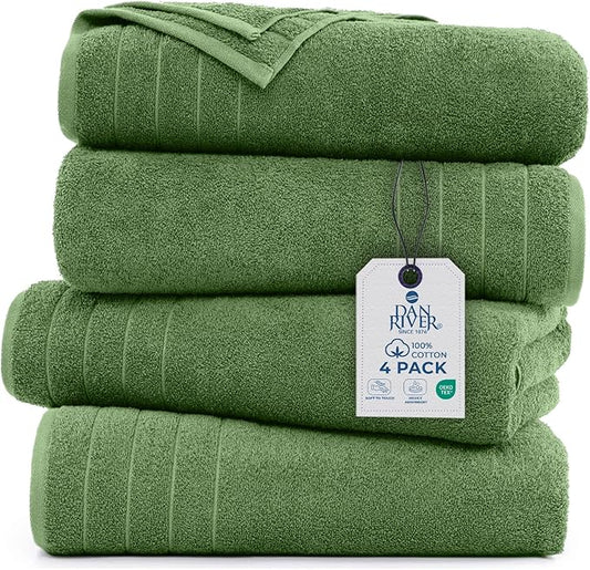 DAN RIVER Bath Towels Set of 4, 30 x 60 Inches, 100% Cotton, Larger & Lighter Weight, Quicker to Dry, Super Soft and Absorbent, Ideal Hotel Towels for Daily Use, Sage Green