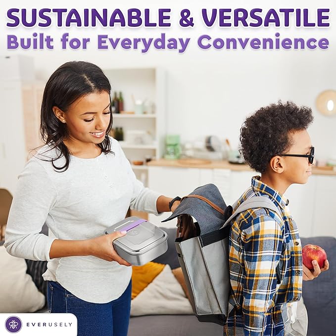 Everusely - Bento Box - Lavender, 60oz / 1.8 L - Stainless Steel Lunch Box with Leakproof Condiment Container - 3 Compartment Snack Organizer for On the Go Meals - Freezer & Dishwasher Safe