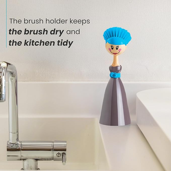 Vigar Dolls Dish Brush with Ergonomic Handle and Dress-Shaped Brush Holder, Dish Brush with Handle for Kitchen Dishes and Sink Cleaning, Gray, Blue