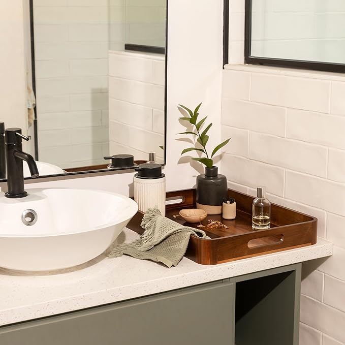 Acacia Wooden Serving Trays with Handles for Eating, Appetizers, Food, Snacks, or Home Decor, Large Wood Bed Tray or TV Tray, Decorative Ottoman or Coffee Table Accessory, 17x13 inch, Set of 2