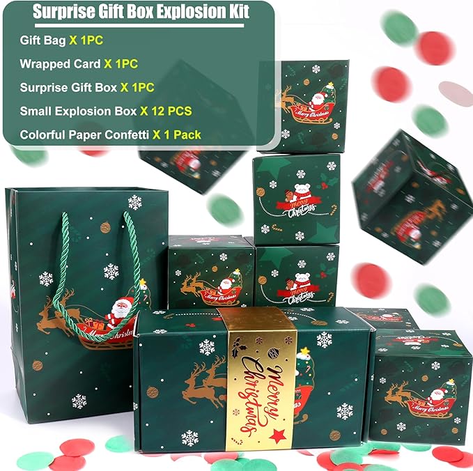 BABORUI Christmas Surprise Gift Box Explosion for Money, Christmas Explosion Gift Box with Confetti, Surprise Pop Up Money Box for Merry (Green)