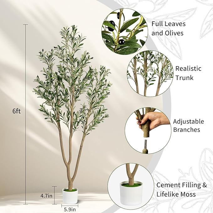 6FT Artificial Olive Tree, Indoor Faux Olive Tree Fake Potted Silk Olive Tree Plants with Lifelike Branches & Fruits for Home Office Decor