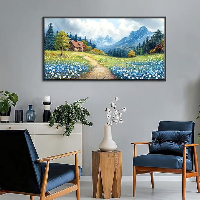 CHATYOUNG Framed Canvas Wall Art Paintings, Blue Misty Mountains Country Cottage White Flowers Spring Landscape Wall Pictures Large 20"X40" for Living Room Bedroom Bathroom Home Decor Gift