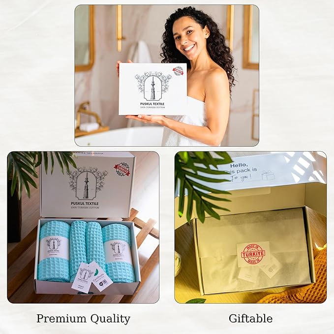 PÜSKÜL - Premium Waffle Towel Set 4 Pieces Turquoise - Organic 100% Turkish Cotton Quick-Dry Towels for Bathroom Made in Turkiye (Turquoise, Towel Set - 2 Hand & 2 Bath Towels)