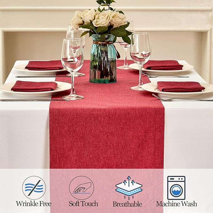 Mebakuk Linen Farmhouse Table Runner Large Burlap Style Soft and Waterproof Decorative Fabric Runner for Outdoor Wedding and Dinner (14 x 60 Inch, Red)