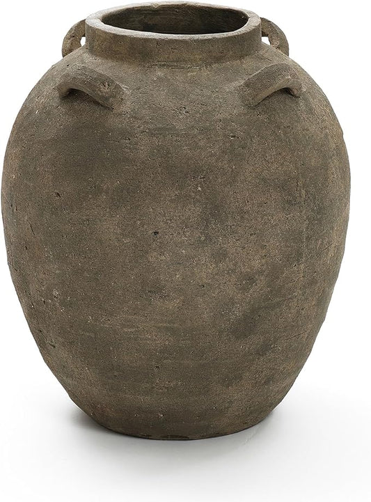 LuxenHome Rustic Ceramic Flower Vase,15 Inch Tall Brown Terracotta Cauldron Vase for Living Room Decor，Large Floor Vase Home Décor Accents,Round Vintage Pottery Vases Home Decor