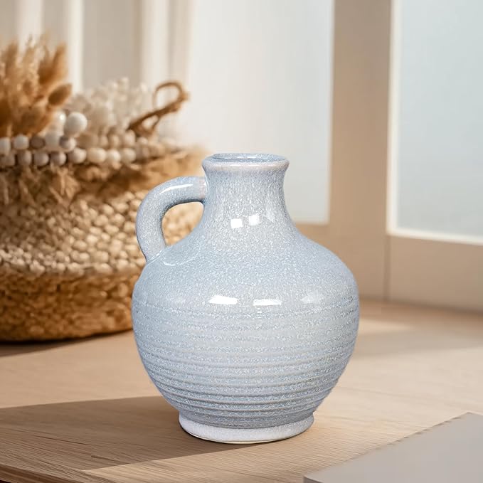 Sunddo Blue Ceramic Vases for Home Decor, 6 Inch Modern Decorative Vase with Handle, Small Flower Vase for Centerpiece, Entryway Living Room Dining Table Farmhouse Office Decor