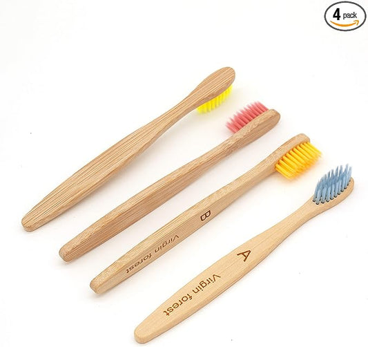 Virgin Forest Kids Bamboo Toothbrushes, Biodegradable Handle, BPA-Free Soft Bristles, Children Size Set of 4 (4 Colors)