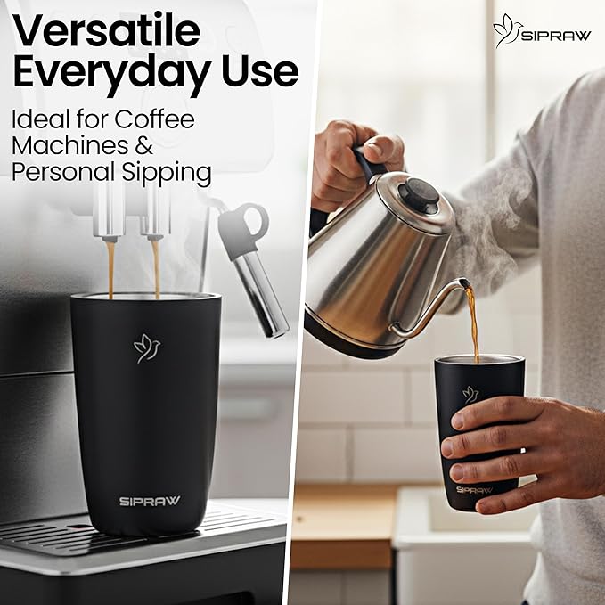 Travel Coffee Mug Tumbler, Reusable Iced Coffee Hot Coffee Cup, Double Wall Insulated Thermal Stainless Steel Material, Gift for Women Men, Perfect for Camping Travelling, 12 oz, Black