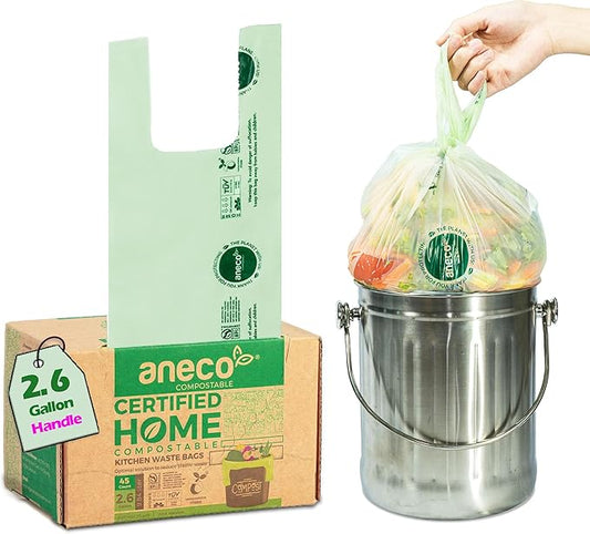 ANECO 100% Compostable Food Waste Bags 2.6 Gallon With Handles, Small Compost Bags for Countertop Bin, OK Compost HOME & BPI Certified Compostable Kitchen Food Waste Bag (45 Count)