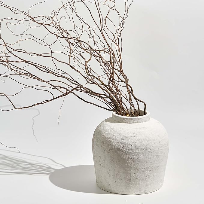 LB2 Large White Ceramic Vase, 11" Tall Zen Style Rustic vase, Terra Cotta Pitcher Vase, Distressed Farmhouse Decor, Pottery Decorative Flower for Home Decor (H 11" X 11")