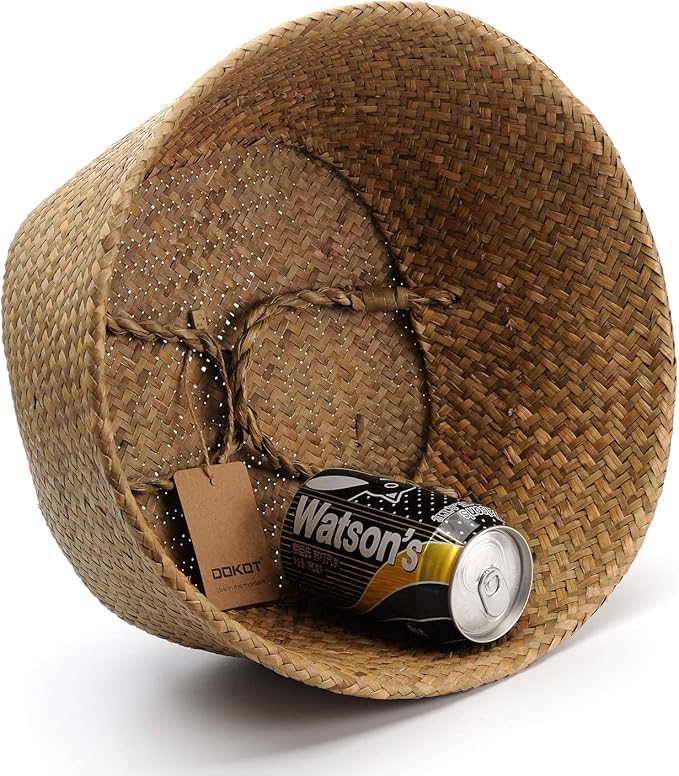 DOKOT Seagrass Plant Basket with Handles, Wicker Woven Storage Basket (8.3inch Diameter x 9inch Height), Natural