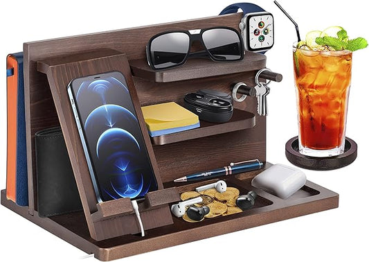 Gifts for Men Bedside Organiser Wood Phone Docking Station Dad Birthday Gifts for Him Nightstand Key Wallet Watch Stand Mens Gifts for Xmas Presents for Dad Husband Boyfriend Anniversary & Christmas