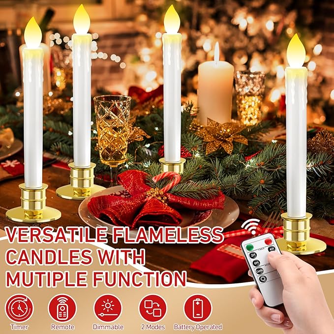 10 Pack Christmas Window Candles with Remote: Battery Operated LED Candles with Drip Texture with Timer - Flickering Flameless Candles with Candlesticks for Home Decor Christmas Halloween Wedding
