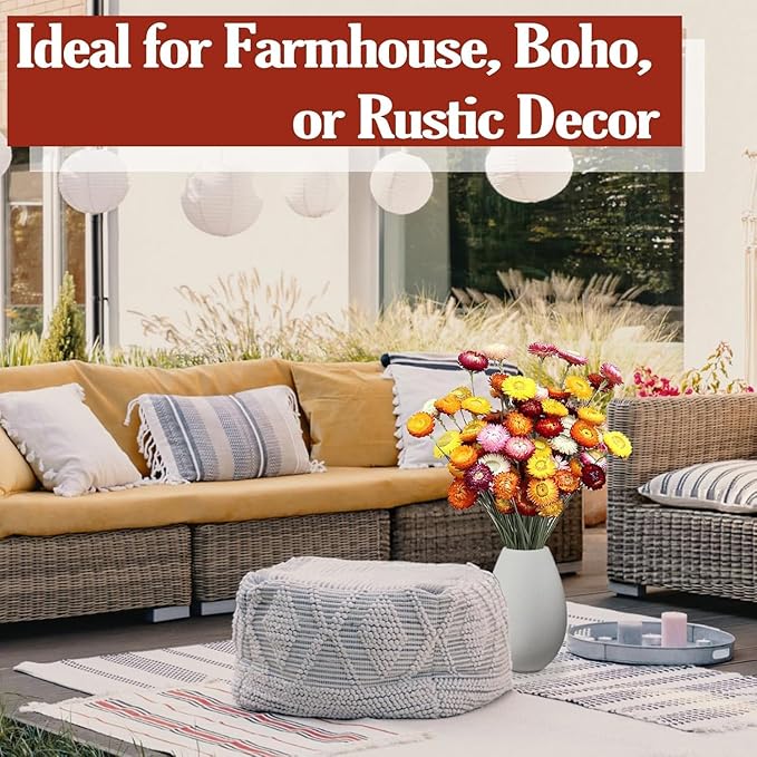 30Pcs Dried Strawflowers Bouquet, 14 - 17" Real Dried Daisy Flowers with Long Stems for Wedding, Farmhouse, Table & Home Decor, Yellow & Orange Fall Floral for Vase or DIY Arrangement