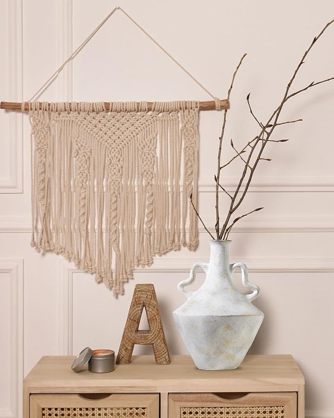 UPWOIGH Ceramic Flower Vase, 14 inch Tall Off-White Farmhouse Rustic Vase, Handcrafted Weathered Handles Pottery Vases, Large Flower Terracotta Vases for Home Decor, Living Room, Table, Shelf