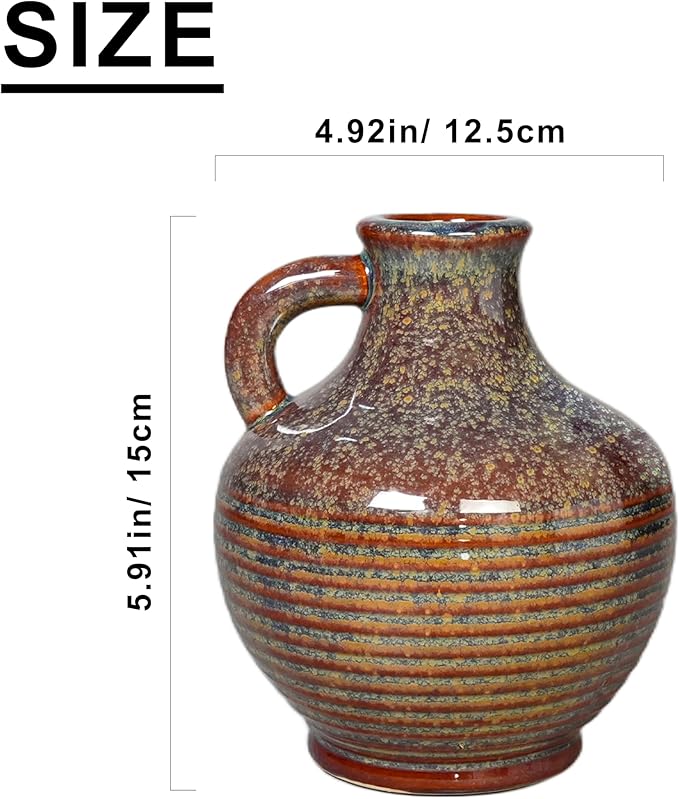 Sunddo Brown Ceramic Vase 6 Inch - Small Rustic Decorative Vase with 1 Handle, Rustic Farmhouse Decor, Bedroom, Bathroom, Bookshelf, Mantel, Coffee Table Decor