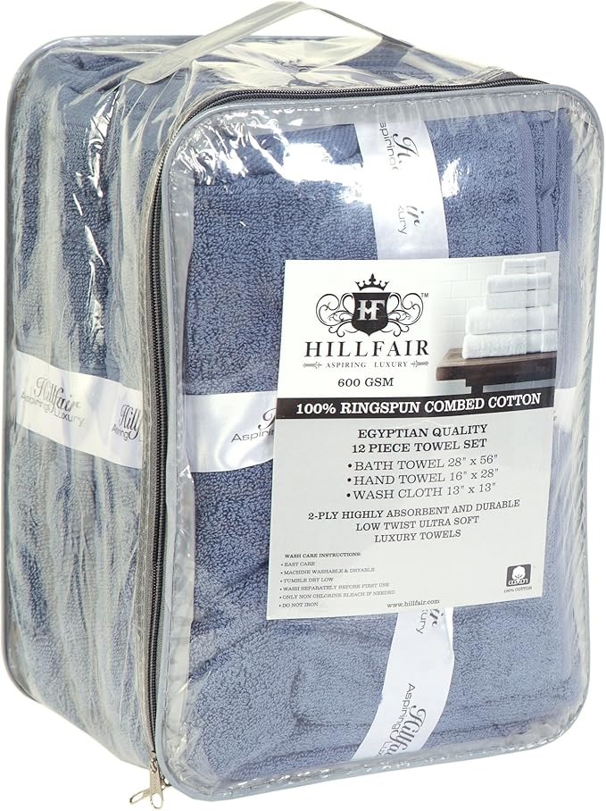 HILLFAIR 12 Piece- 600 GSM Cotton - Hotel Spa Towels Set- 2 Bath Towels, 4 Hand Towels, 6 Washcloths- Absorbent Super Soft Cotton Towels Set- Blue- 100% Cotton