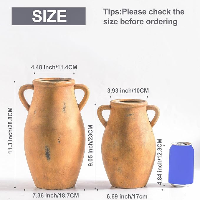 Ceramic Rustic Vase, Christmas Flower Vase with Handle, 9 inch Farmhouse Pottery Flower Vase for Home Decor, Living Room Shelf Decor, Enterway, Table