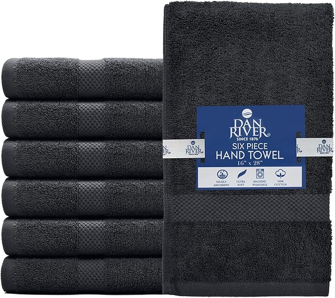 DAN RIVER 6-Pack Premium Hand Towels (16x28 Inches) - 100% Cotton, Ultra Soft, Lightweight, Highly Absorbent Towels for Bathroom, Spa, Gym, Salon, Hotel, and Travel - 550 GSM – Charcoal