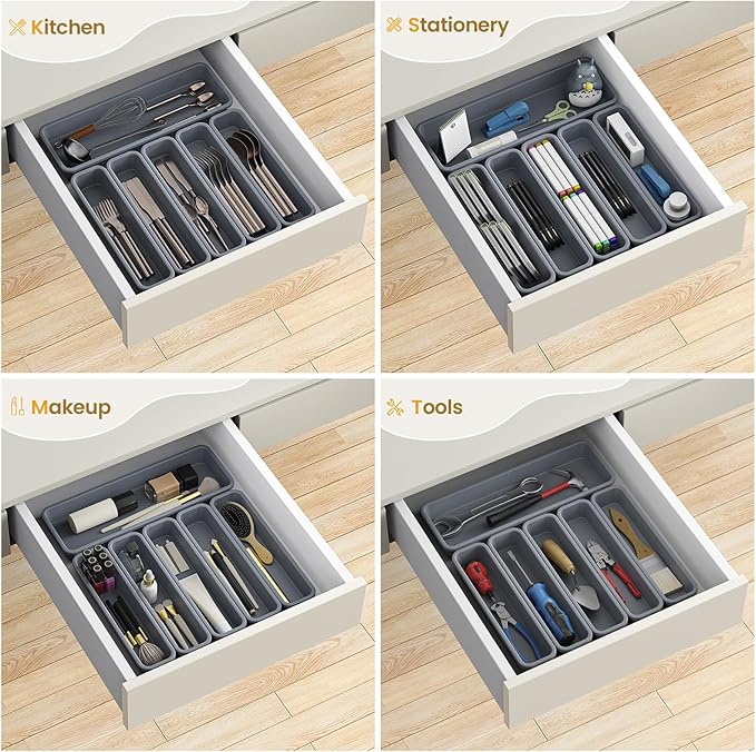6 Pack Silicone Drawer Organizer for Kitchen, DIY Free Combination Silverware Organizer, Utensil Drawer Organizer, Moisture-proof and Heat-resistant up to 200°C, Anti-slip and Environmentally (Grey)