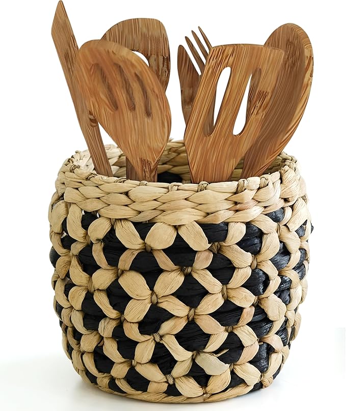 Kitchen Utensil Holder for Countertop – 7.1" Large Utensil Crock for Cooking Tools – Rustic Spatula Holder, Eco-Friendly Utensil Holder Counter – Water Hyacinth Utensils Organizer