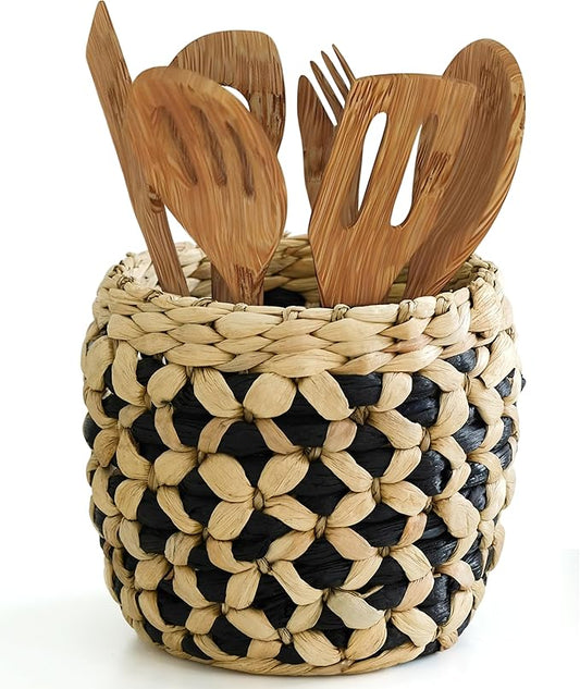 Kitchen Utensil Holder for Countertop – 7.1" Large Utensil Crock for Cooking Tools – Rustic Spatula Holder, Eco-Friendly Utensil Holder Counter – Water Hyacinth Utensils Organizer
