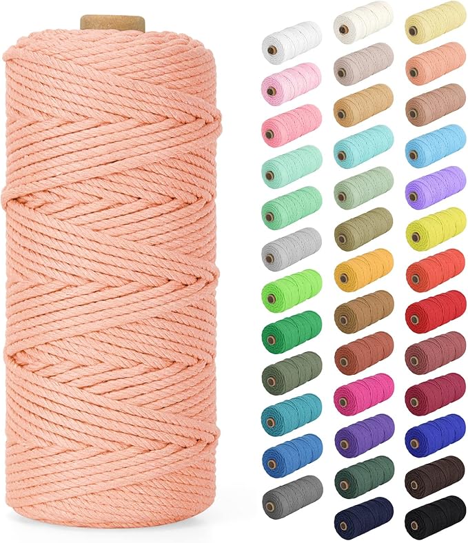 Macrame Cord 3mm x 109Yards (328Feet), Natural Cotton Macrame Rope - 4 Strands Twisted Macrame Cotton Cord for Wall Hanging, Plant Hangers, Crafts, Gift Wrapping and Wedding Decorations, Meat Pink