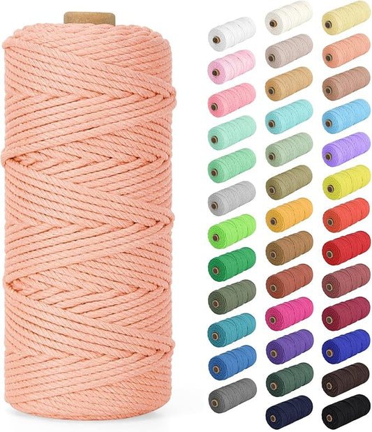 Macrame Cord 3mm x 109Yards (328Feet), Natural Cotton Macrame Rope - 4 Strands Twisted Macrame Cotton Cord for Wall Hanging, Plant Hangers, Crafts, Gift Wrapping and Wedding Decorations, Meat Pink