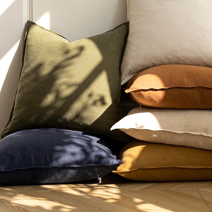 Foindtower Pack of 2, Decorative Linen Soild Throw Pillow Covers Soft Accent Cushion Case Boho Farmhouse Pillowcase for Chair Couch Sofa Bedroom Living Room Home Decor 24 x 24 Inch Olive Green