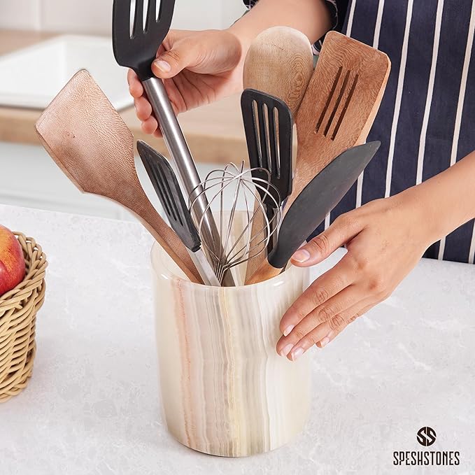 Marble Utensil Holder 6.5 Inch White Onyx Wooden Cooking Utensils Set & Spatula Organizer for Kitchen Counter Decor, Utensil Crock & Stone Caddy for Spoon Holder & Modern Farmhouse Decor