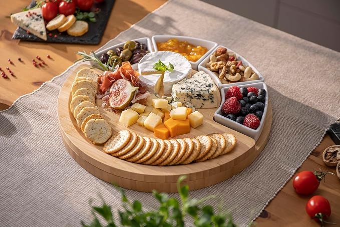 ChefSofi Charcuterie Board Set and Cheese Serving Platter - Made from Bamboo Wood - US Patented 13 inch Cheese Board and Knife Set for Entertaining and Serving - 4 Knives and 4 Bowls