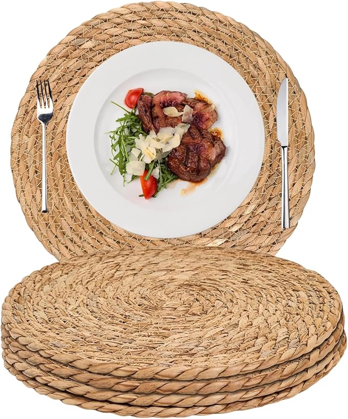 Woven Placemats Set of 4, 13.5" Round Rattan Placemats, Natural Water Hyacinth Place mats, Farmhouse Weave Place Mats, Rustic Braided Wicker Table Mats for Dining Table, Home, Outdoor