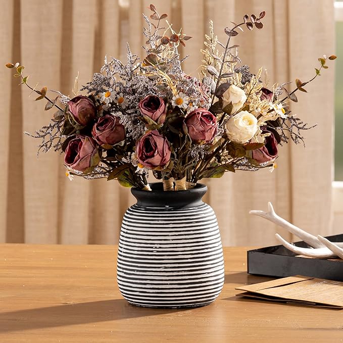 Ceramic Rustic Vase, Small Flower Farmhouse Vases Home Decor, 6“ Short Pottery Decorative Pampas Vase for Table Living Room Entryway Mantel Bookshelf Bedroom Bathroom Kitchen-Black