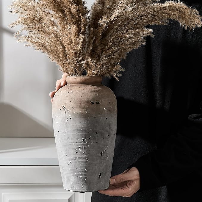 Large Ceramic Rustic Vase, 11 inch Minimalist Decorative Farmhouse Tall Vase for Home Decor, Living Room, Shelf Decor, Enterway, Wedding, Table Decoration, Brown